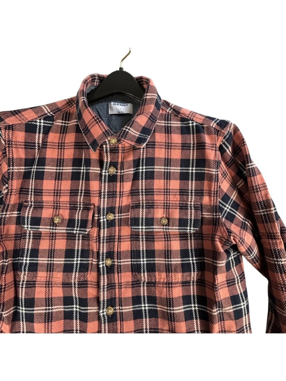 Old Navy Flannel Button Up Shacket Sz L Pink Orange Plaid Casual Long Sleeve